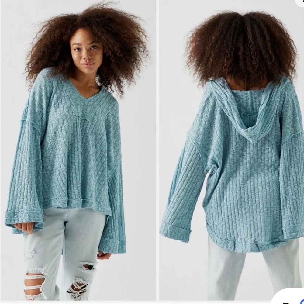 Free People Baja Babe Hooded Hacci Sweater L Blue Oversized Pullover Beachy, M
